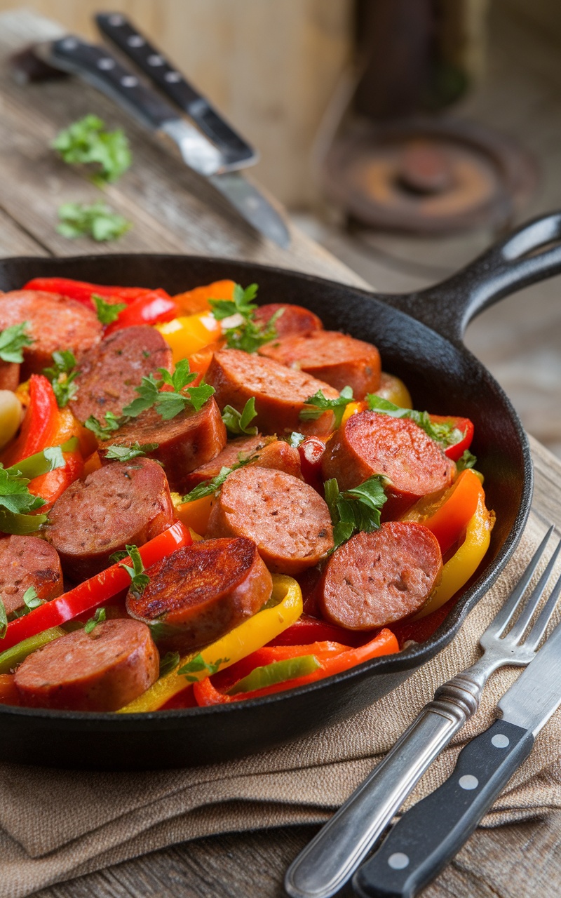 Keto Smoked Sausage Skillet Recipe A delicious smoked sausage skillet with bell peppers and onions, garnished with parsley, in a cast-iron skillet.